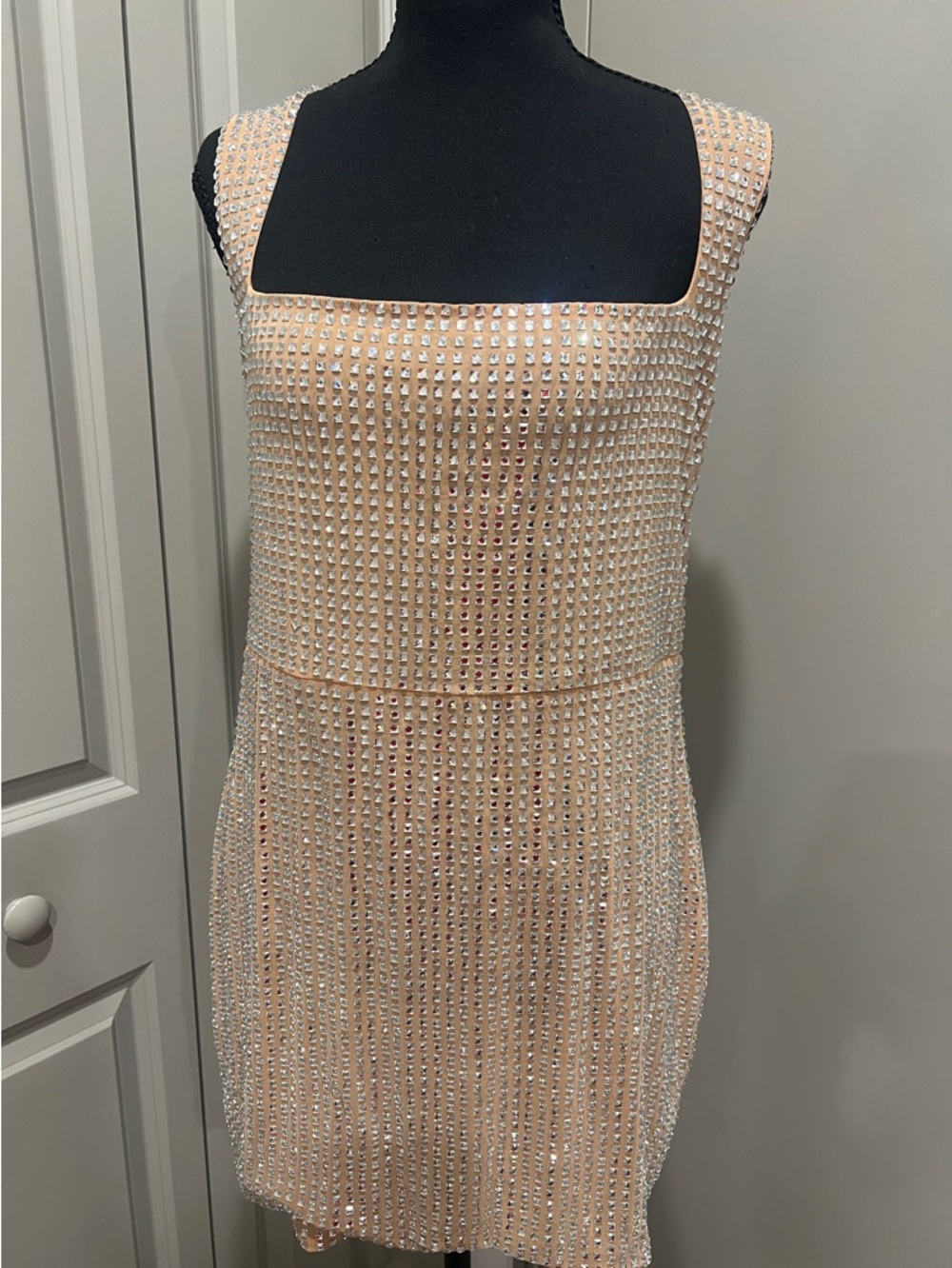 Oh Polly Blush Crystal-Studded Square-Neck Mini Dress